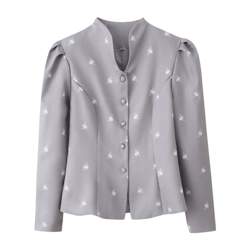 Grey bee print stand collar button front fitted jacket, front flat lay