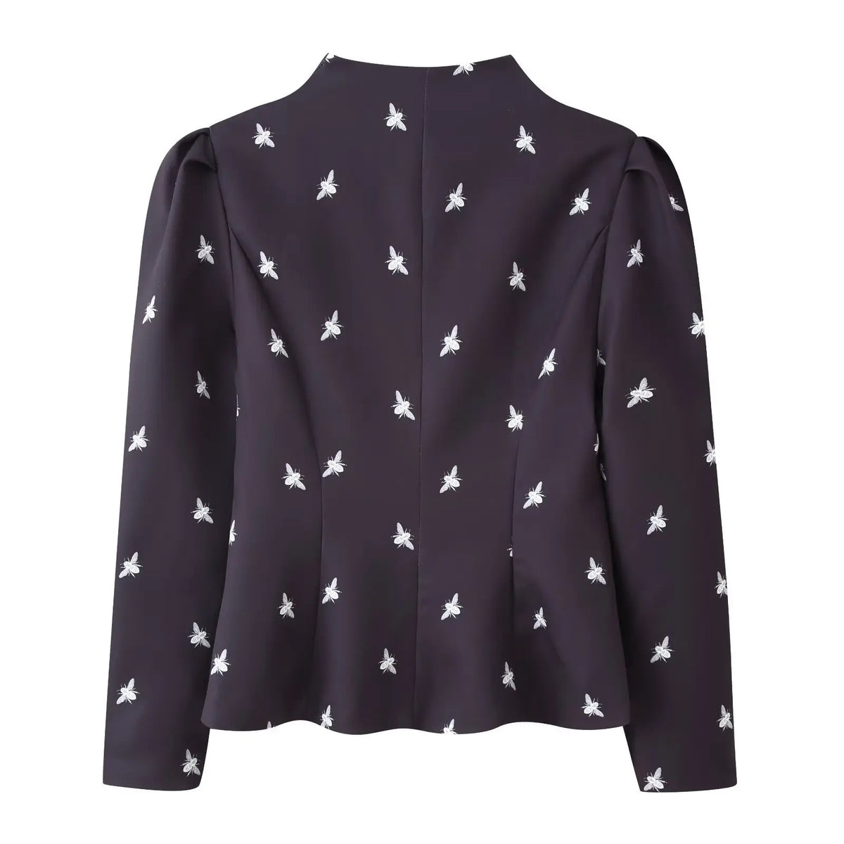 Navy bee print stand collar button front fitted jacket, back flat lay