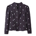 Navy bee print stand collar button front fitted jacket, front flat lay