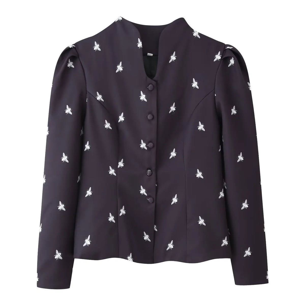 Navy bee print stand collar button front fitted jacket, front flat lay