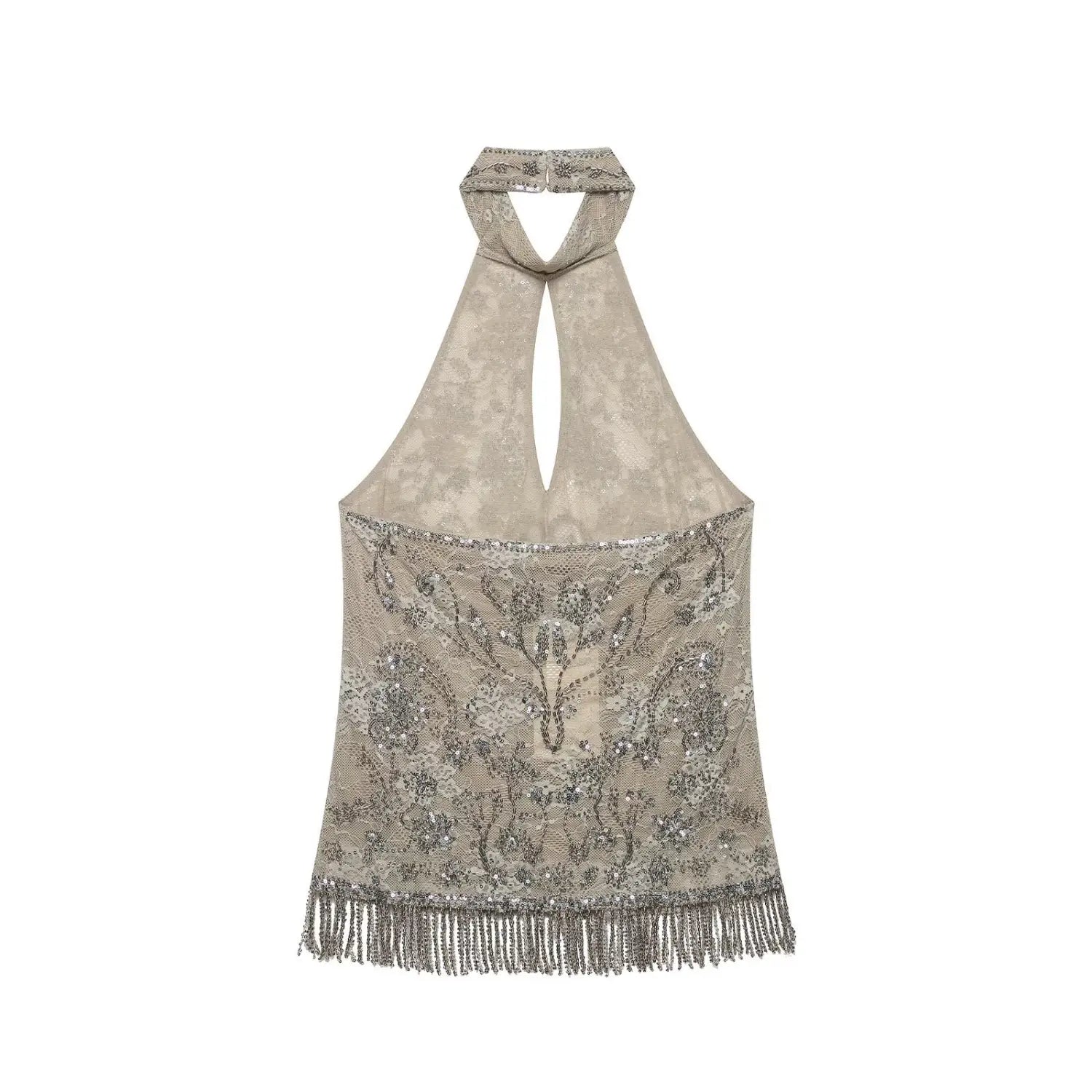 Studio back product view beige lace halter top with intricate silver beadwork and hanging beaded fringe hem