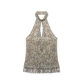 Studio front product view beige lace halter tank top with silver beading sequins keyhole cutout and beaded fringe hem