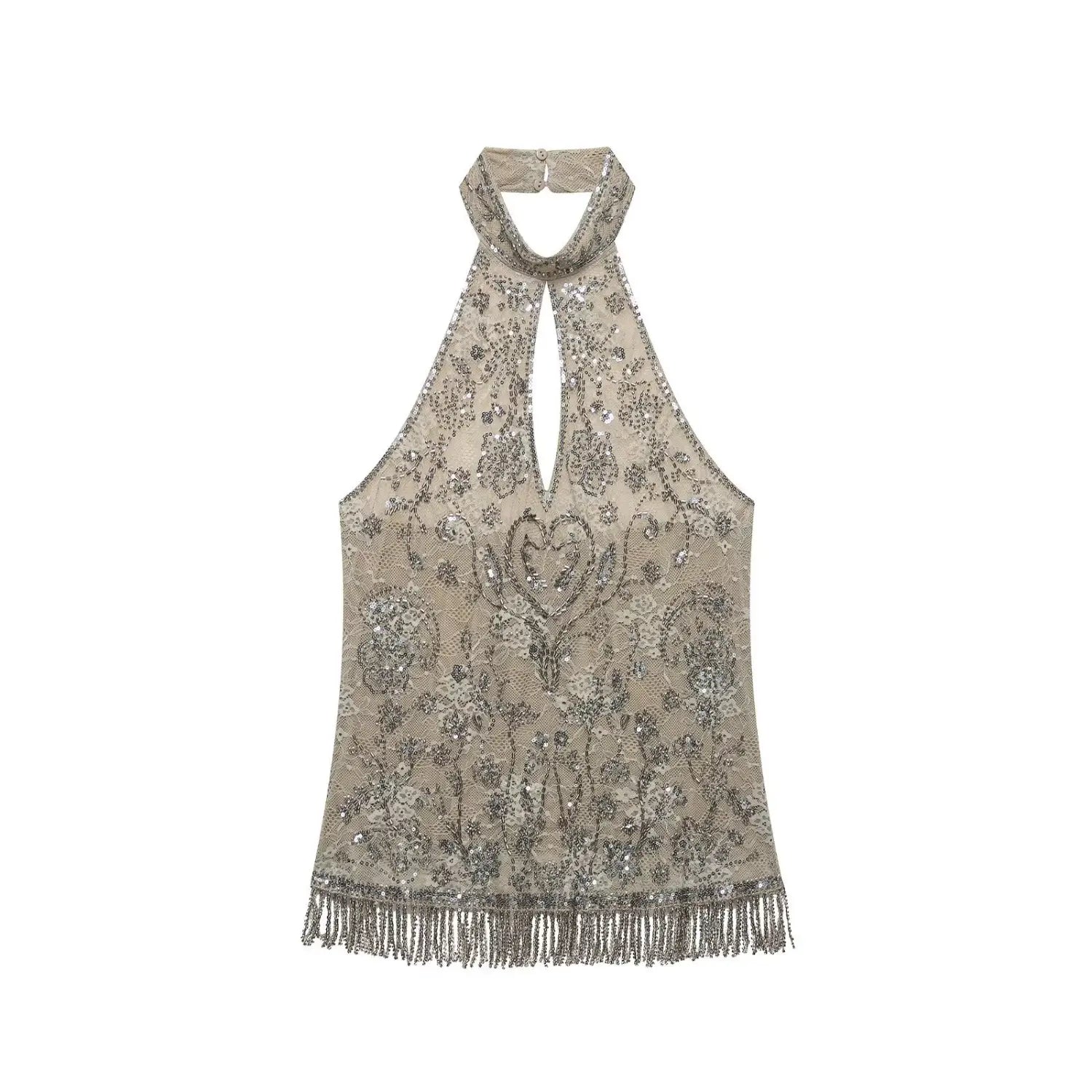 Studio front product view beige lace halter tank top with silver beading sequins keyhole cutout and beaded fringe hem