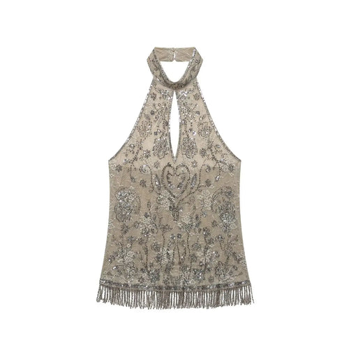 Studio front product view beige lace halter tank top with silver beading sequins keyhole cutout and beaded fringe hem