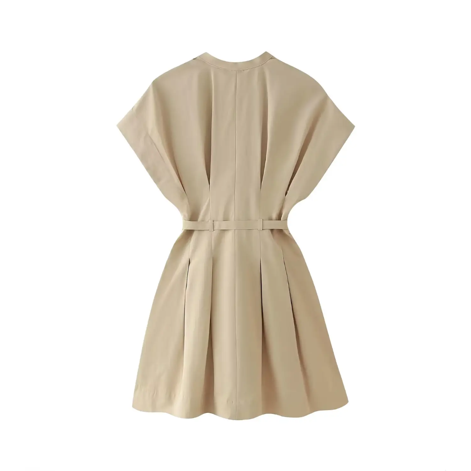 Flat lay back view beige belted mini dress, vertical back pleats, batwing short sleeve, tailored silhouette