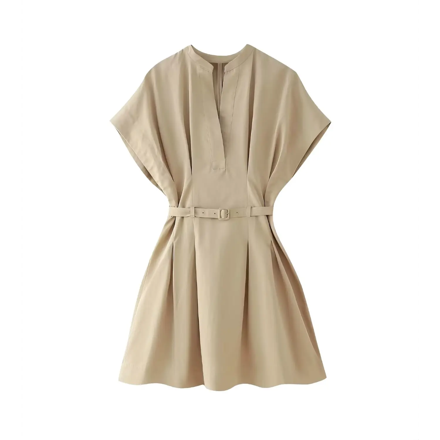 Flat lay front view beige stand collar mini dress with matching waist belt, batwing short sleeve, pleated skirt