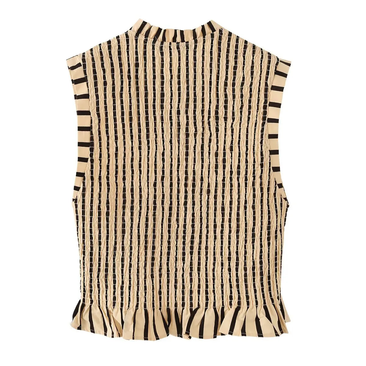 Back view of a beige and black striped sleeveless top with all-over smocking and a ruffled peplum hem.