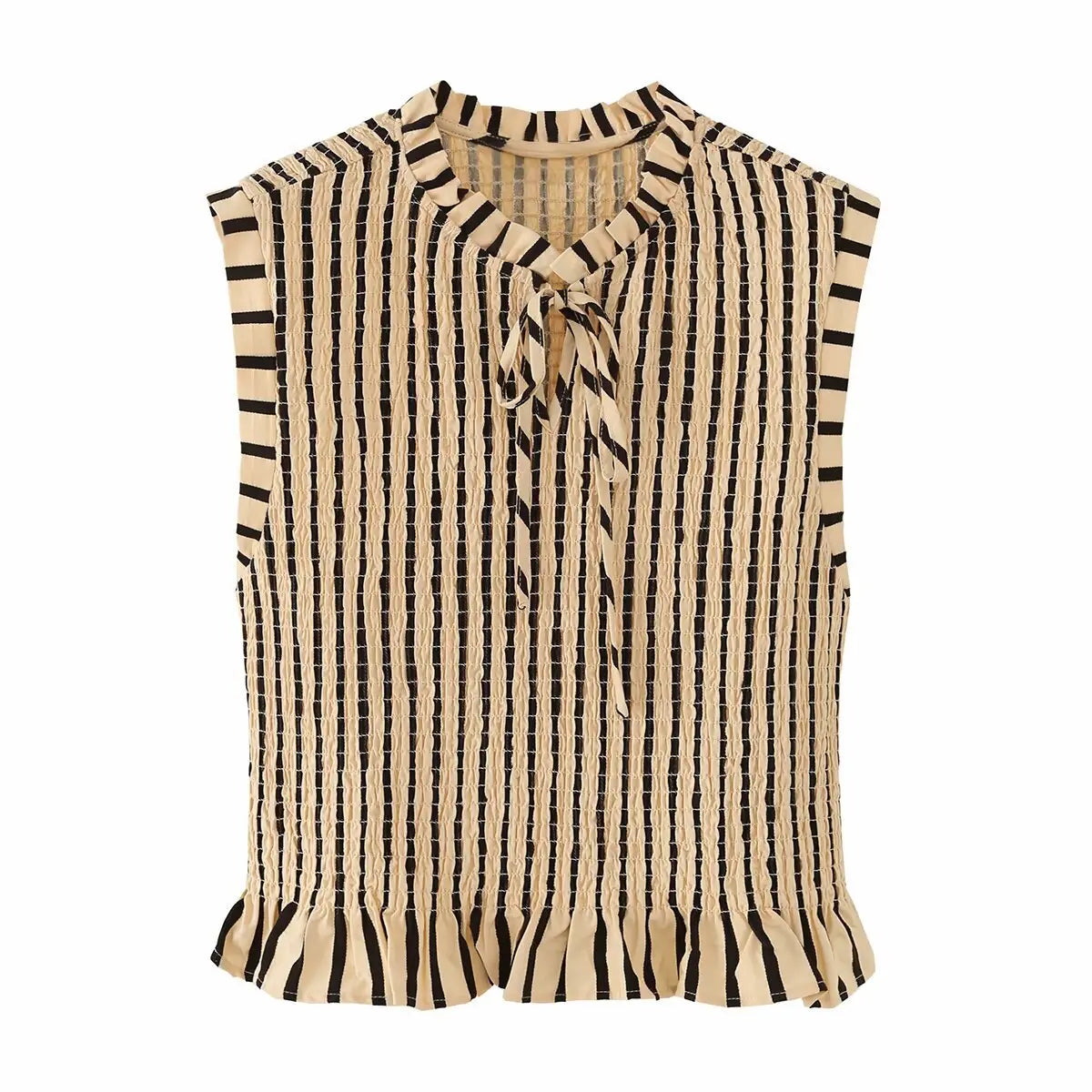 Front view of the top, showing the tie-neck keyhole detail, smocked texture, and cap sleeves.
