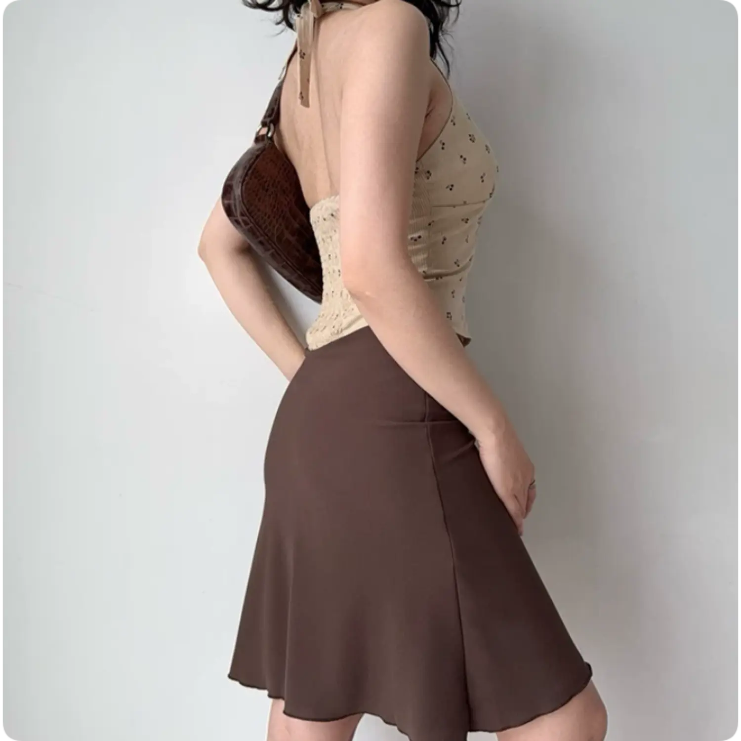 Back shot beige cherry halter crop top, self tie neck strap stretch fitted waist y2k casual going out camisole