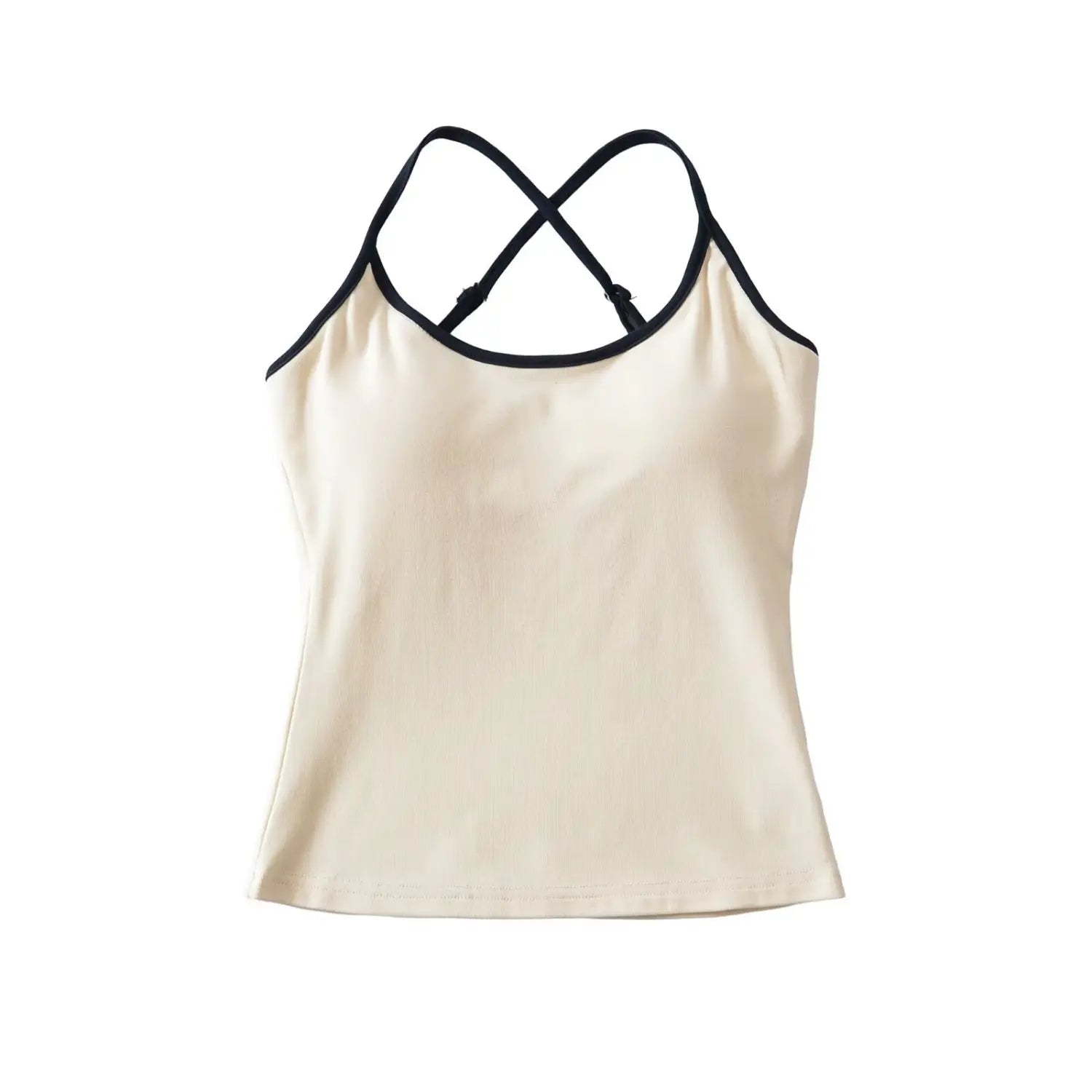 Front shot beige cami tank top with black trim and adjustable criss cross back straps
