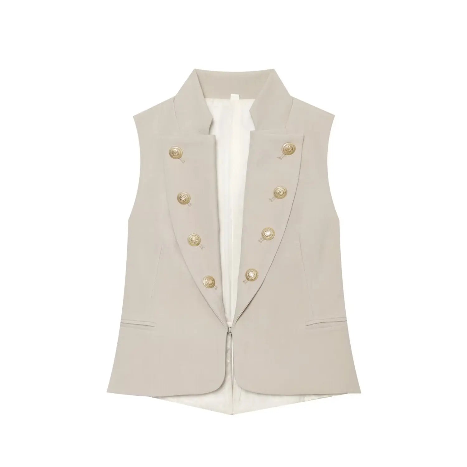 Flat‑lay front view beige sleeveless blazer vest with decorative gold buttons