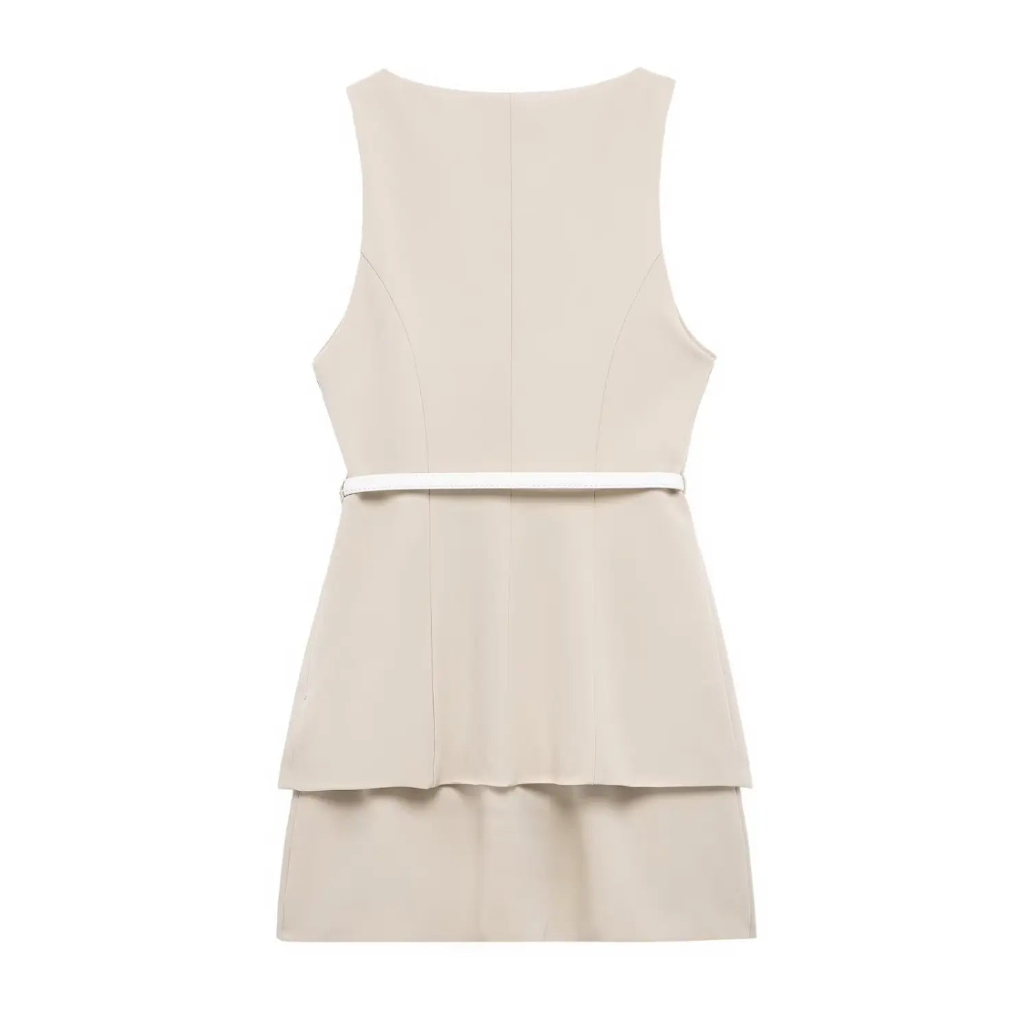 Full back white background flat lay, sleeveless crew neck mini dress with layered faux blazer overlay, vertical back shaping darts, matching fabric A-line skirt, thin white leather waist belt