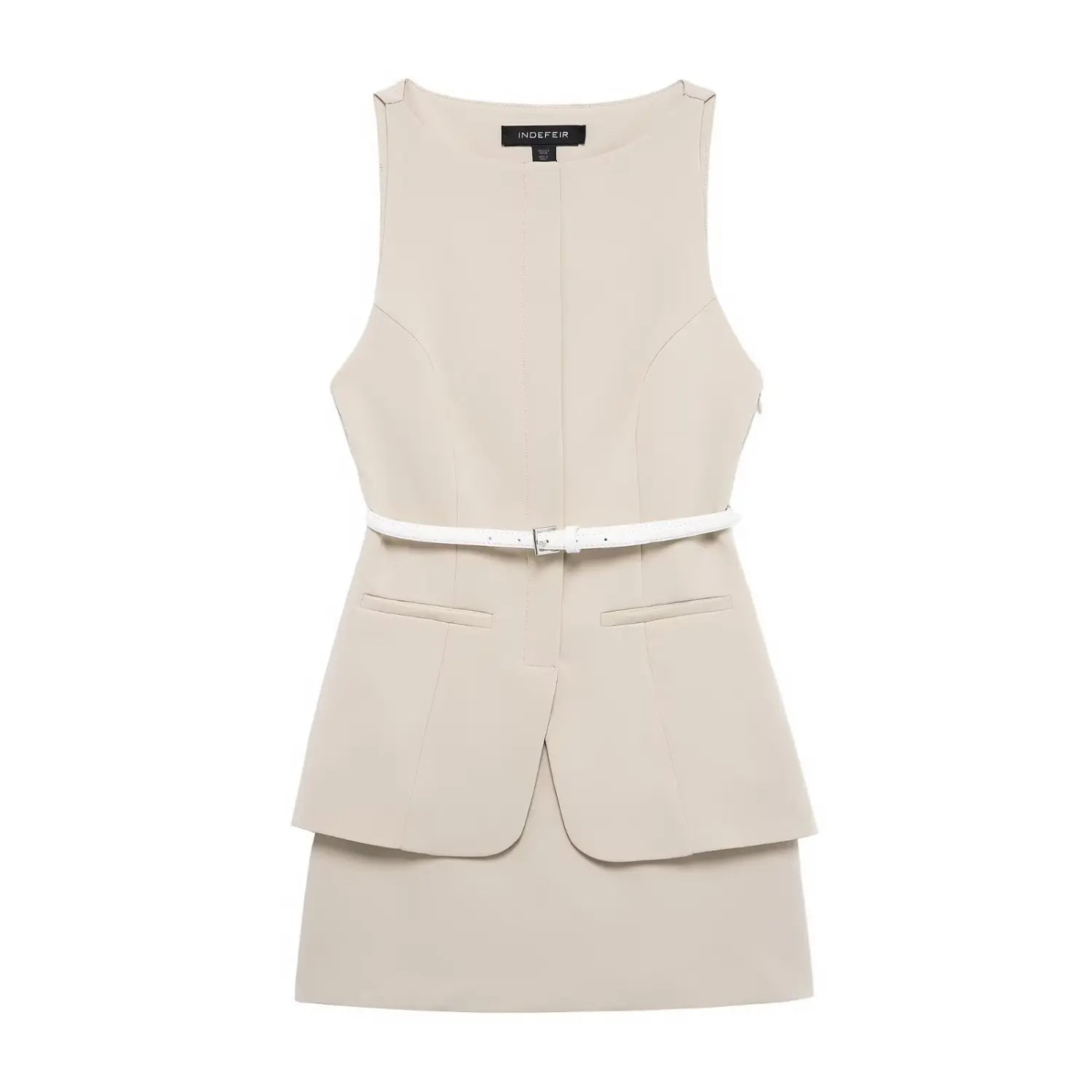 Complete front flat product shot, sleeveless round neck dress, layered fake split blazer peplum top integrated with mini skirt, two decorative front pockets, detachable white thin waist belt, solid light khaki suiting fabric