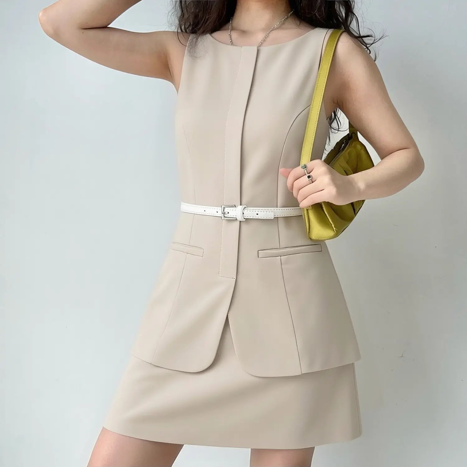 Beige Sleeveless Faux Two-Piece Dress with White Belt – dingdingly