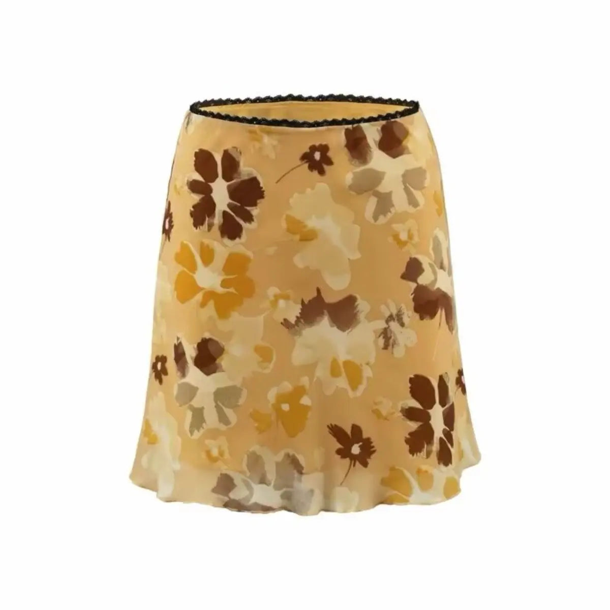 Studio shot of a beige floral chiffon midi skirt with brown and yellow flowers, showing the flowy hem and black lace-trimmed waistband against a white background.
