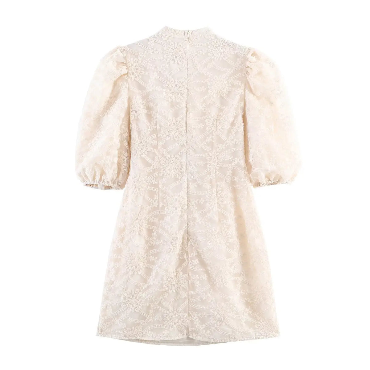 Back view of beige floral embroidered mini dress, high neck back, central zipper, puff sleeves and fitted short skirt