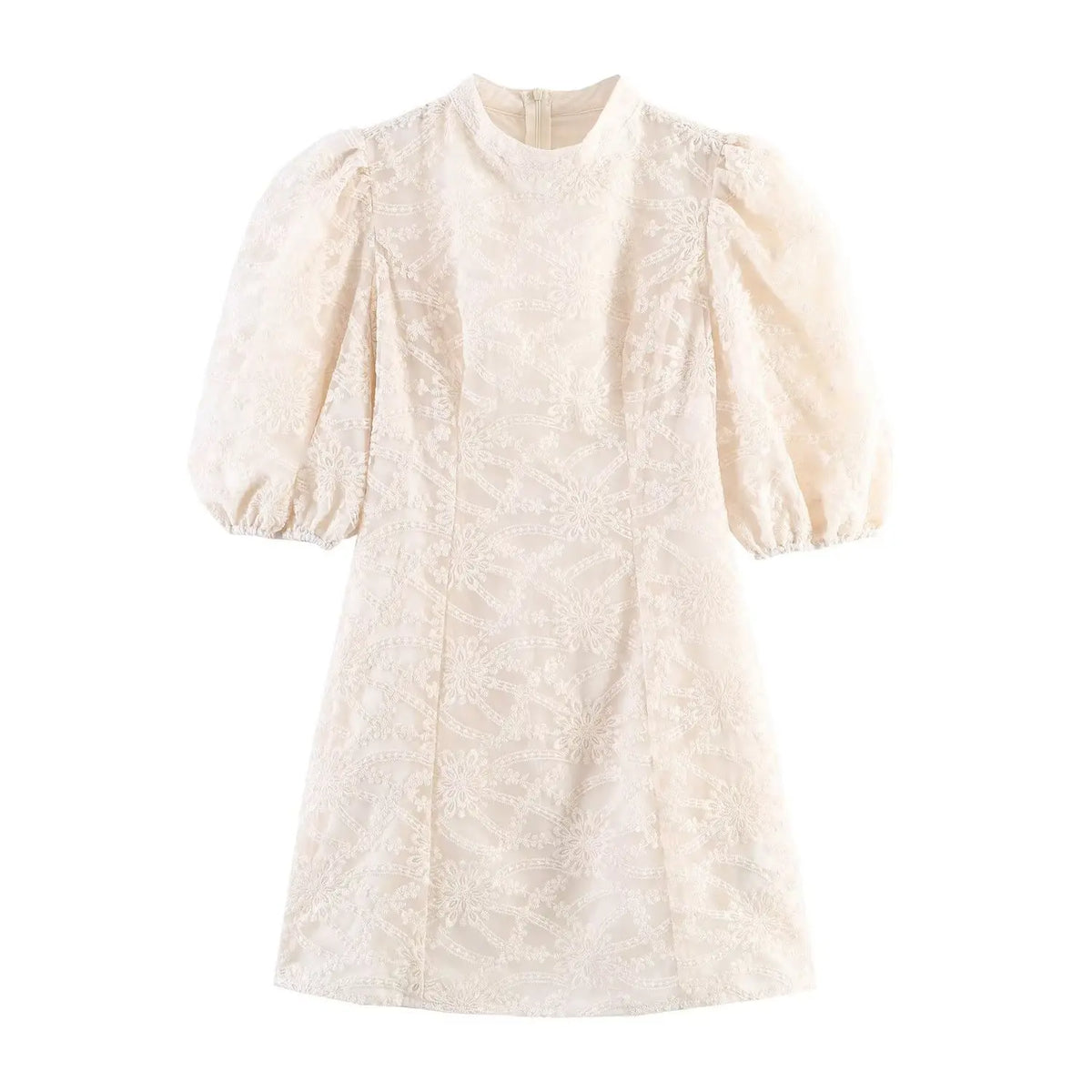 Front view of beige floral embroidered mini dress, high neck, puff short sleeves, fitted A-line silhouette, delicate lace embroidery