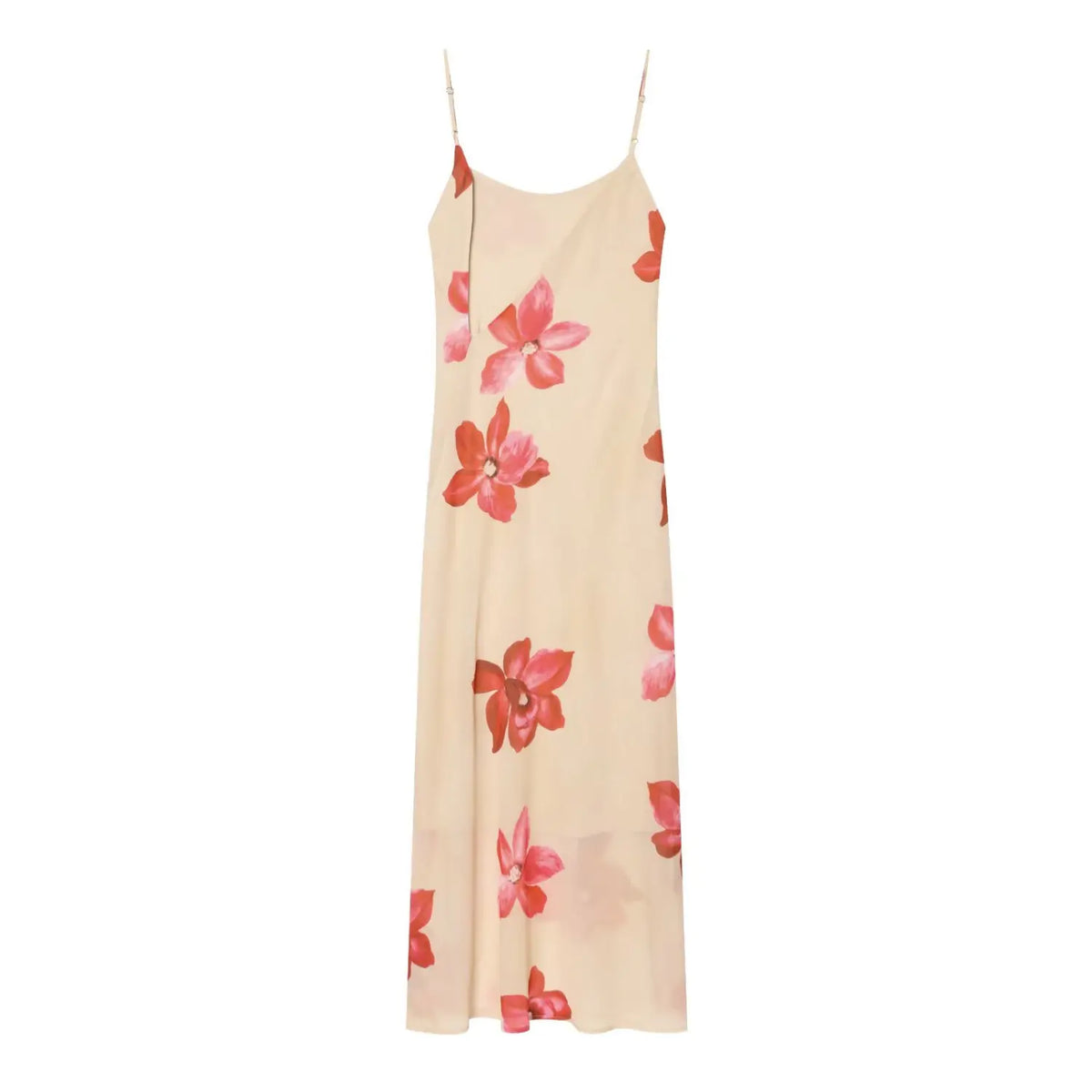 Beige floral maxi dress back view, long flowing skirt, red pink flower print, thin adjustable spaghetti straps