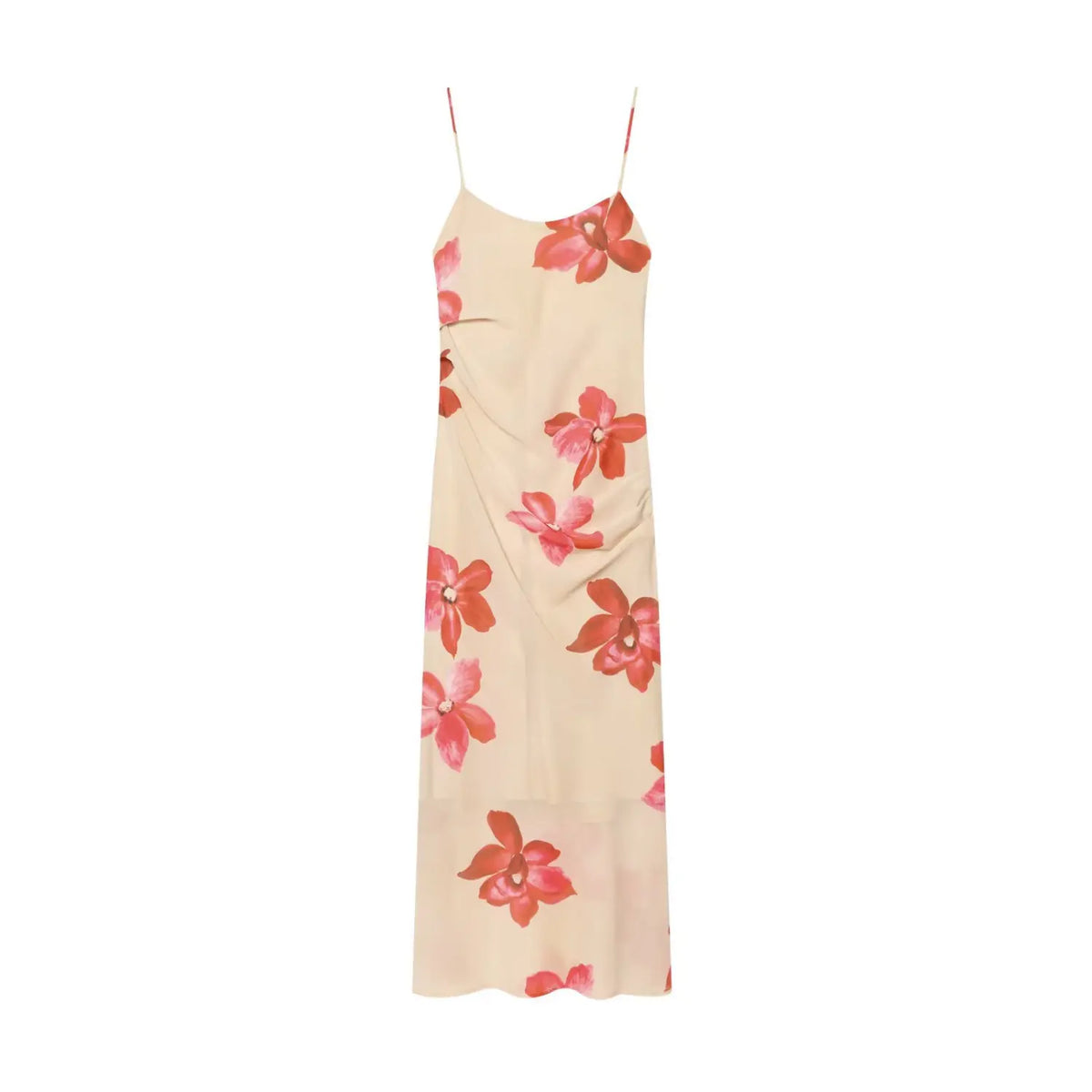 Beige floral maxi dress front view, side draped ruched waist, red pink orchid print, thin adjustable straps