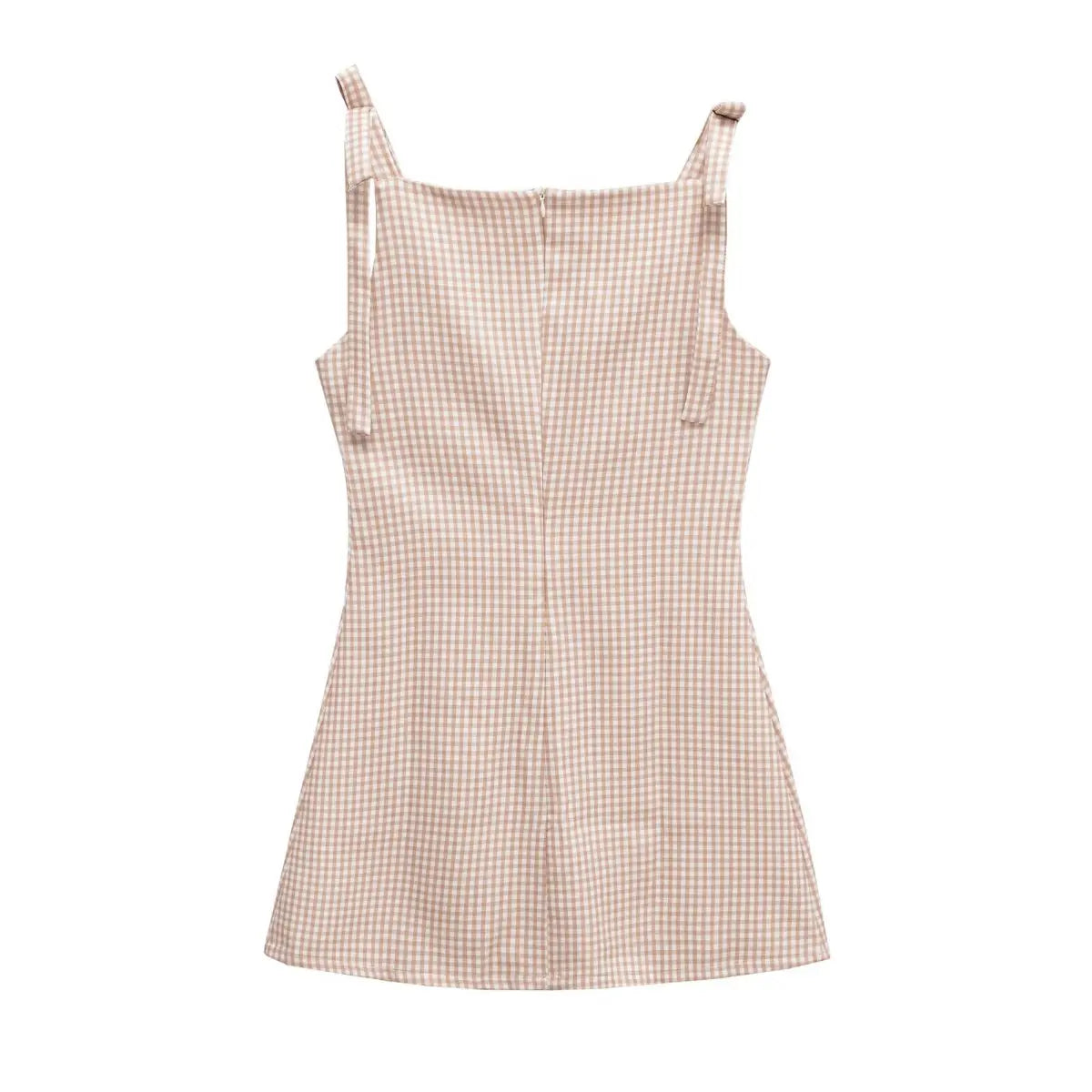 Full back flat view of a beige gingham mini dress, showing the center back zipper and bow straps.