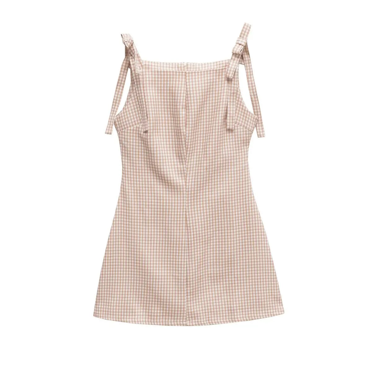 Full back flat view of a beige gingham mini dress with bow straps, center back zipper, and A-line silhouette.