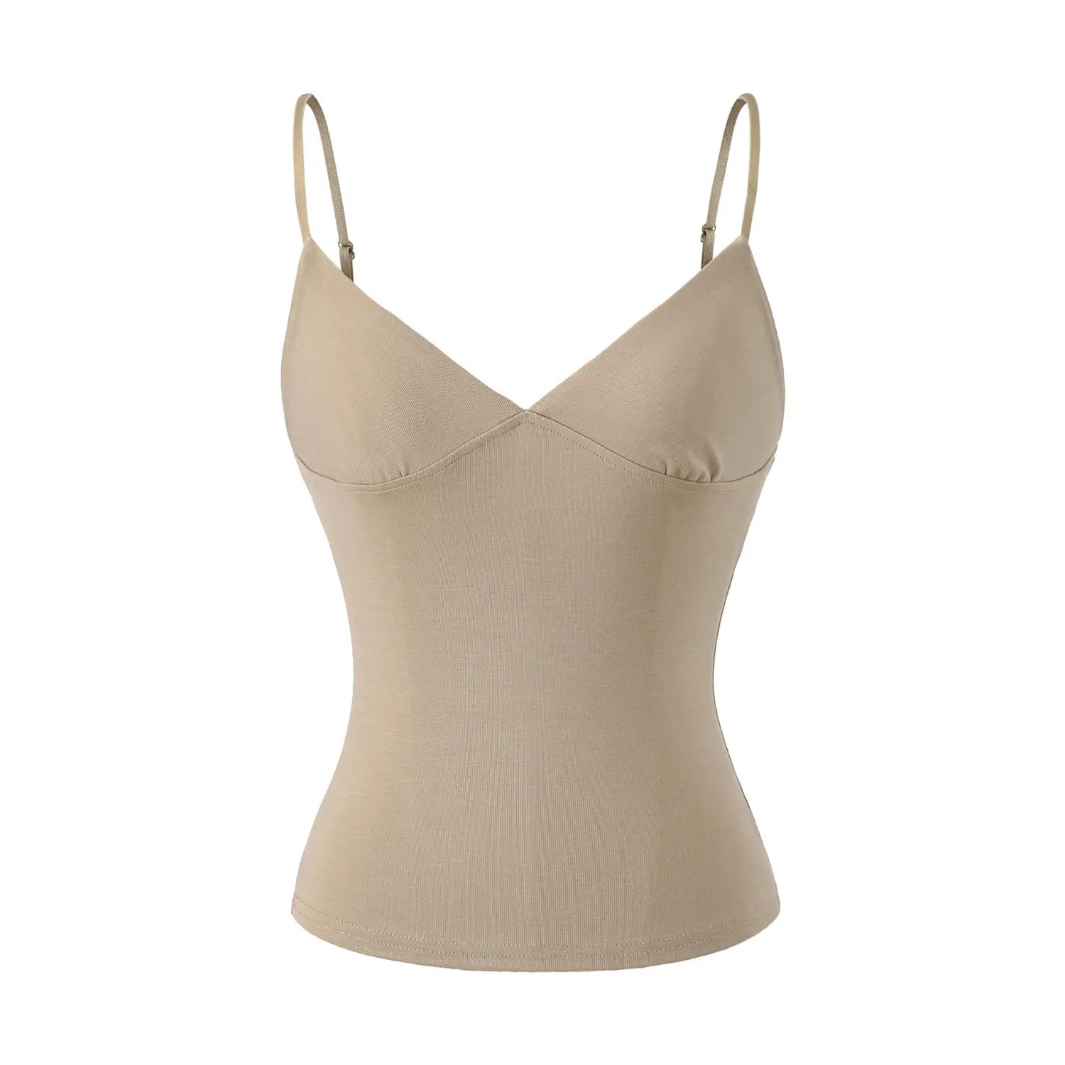 Neutral beige khaki ribbed cami tank top front shot, classic deep V neckline, matching thin adjustable straps, contour fit everyday basic layering top