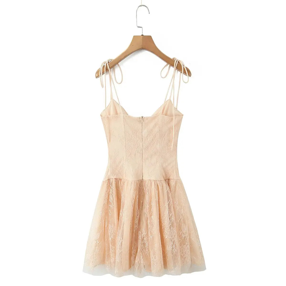 Beige lace corset-style cami dress hanging on wooden hanger, full back view