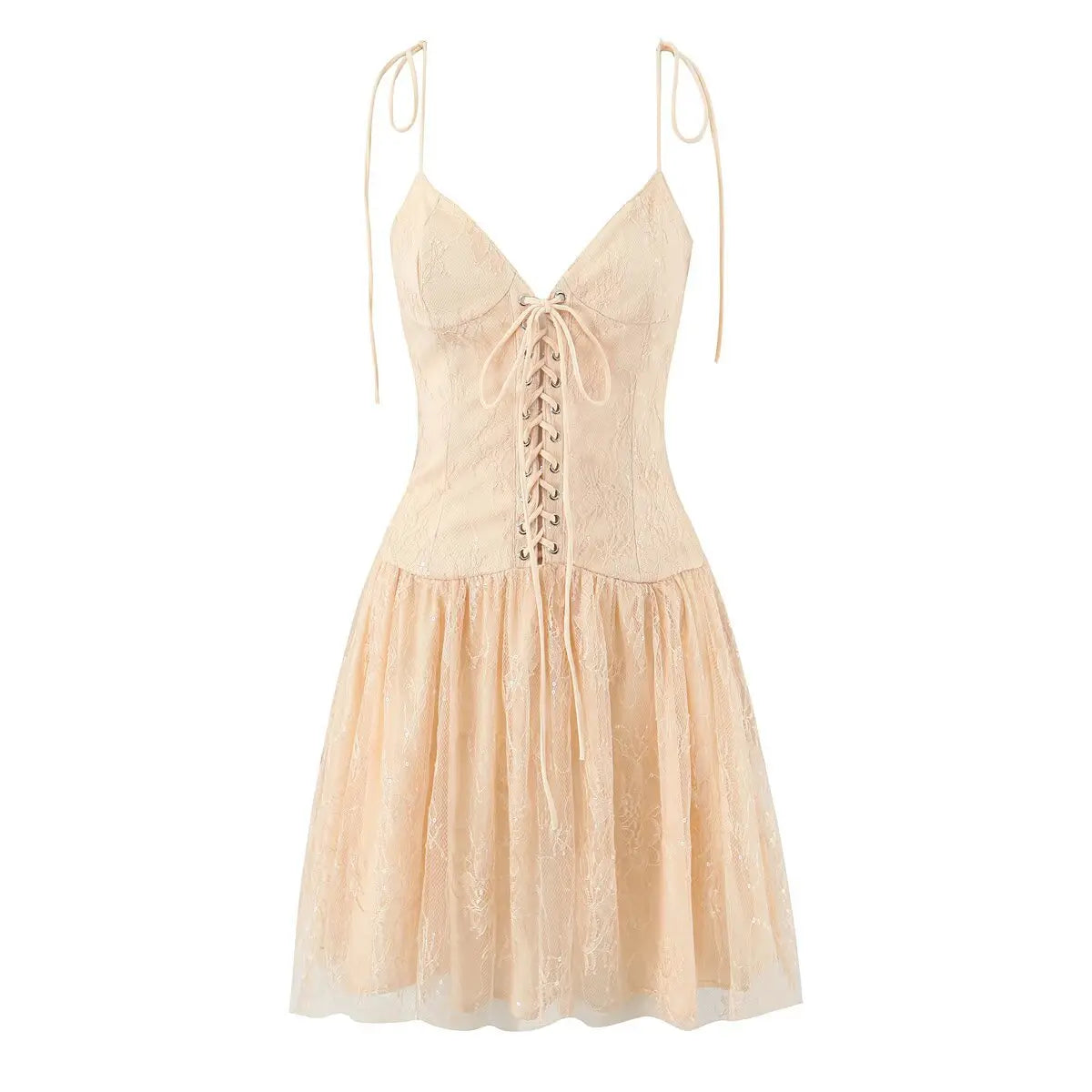 Beige lace corset-style cami dress with lace-up front, full front view on white background