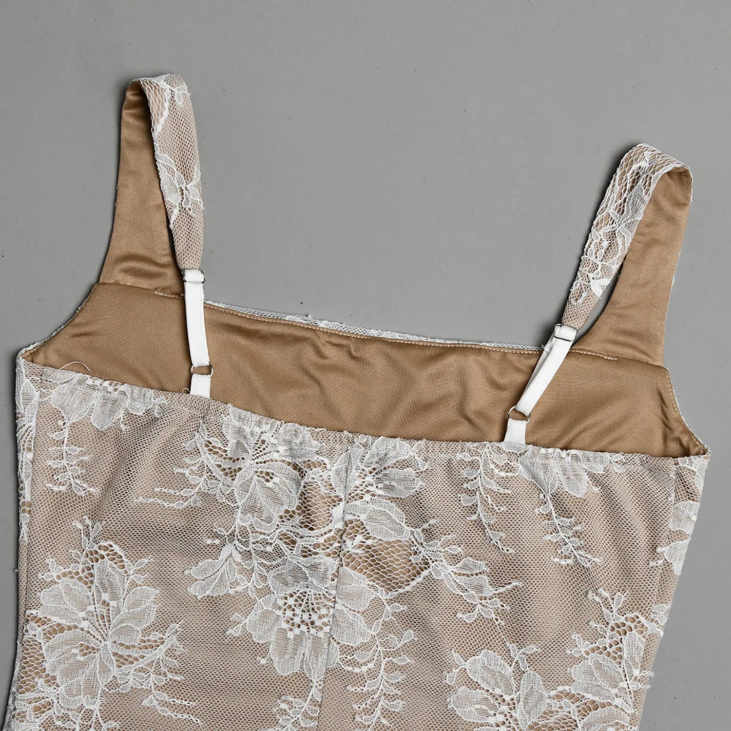 Flat lay back inner lining view adjustable cami straps beige white floral lace dress
