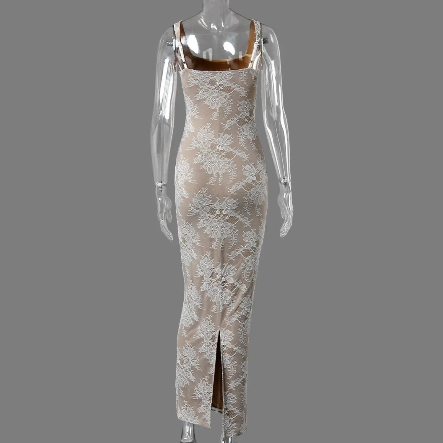 Back view clear mannequin beige white lace maxi dress with back hem slit