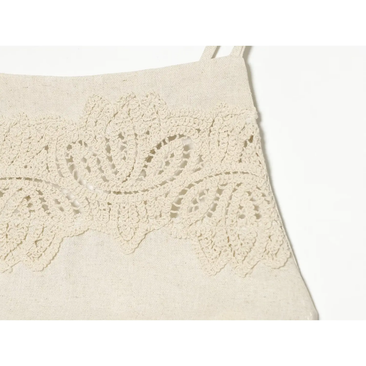 Close-up of hand crochet lace texture on beige dress