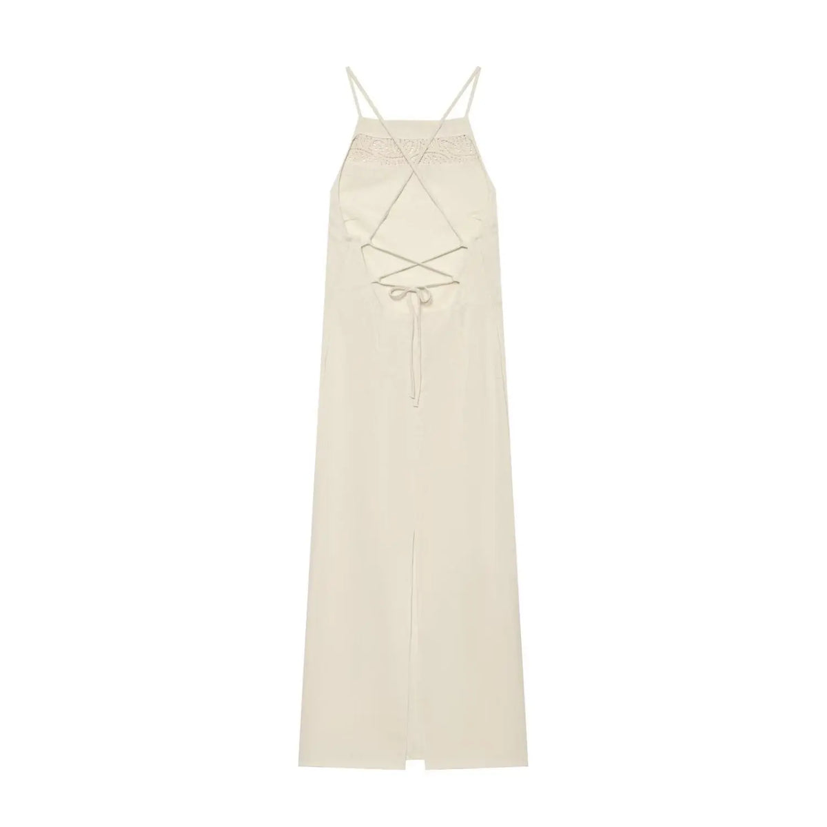 Back view of beige linen slip maxi dress with crisscross lace up back and front slit