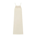 Front view of beige lace trim linen blend slip maxi dress on white background