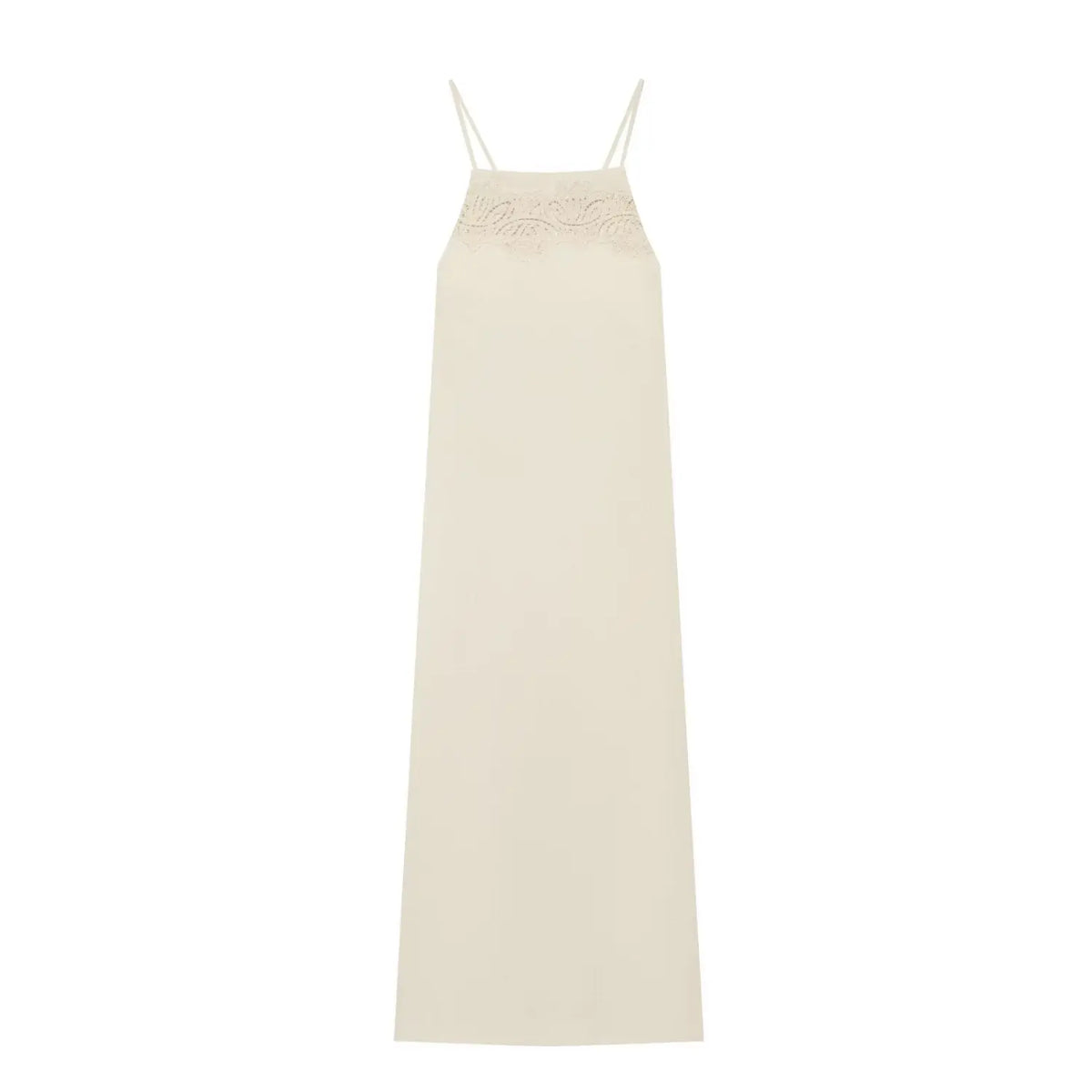 Front view of beige lace trim linen blend slip maxi dress on white background