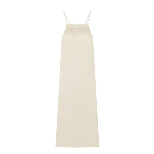 Front view of beige lace trim linen blend slip maxi dress on white background