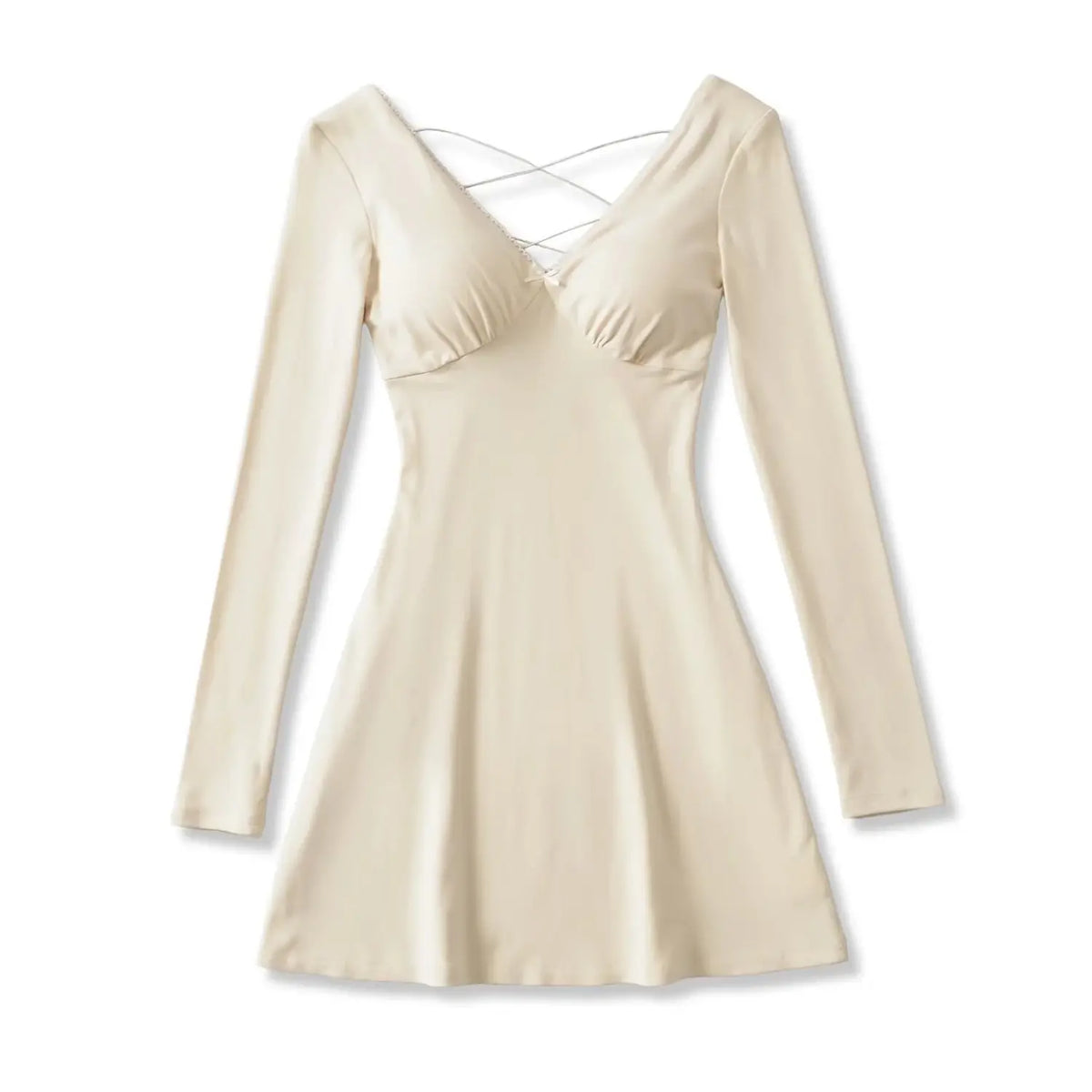 Beige long sleeve crisscross back mini dress full front view, deep v neck with small bow detail, fit and flare skirt