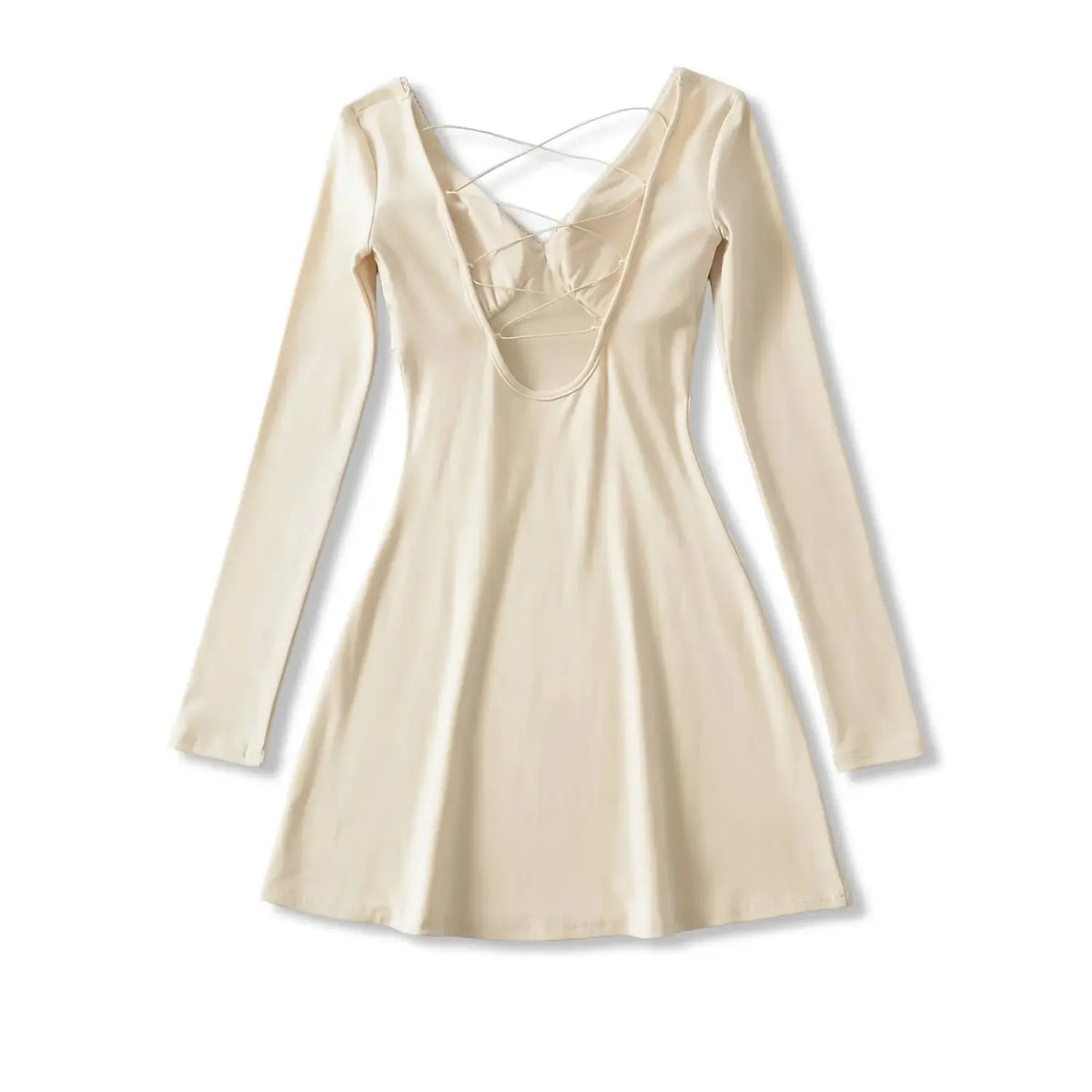 Beige long sleeve mini dress back view, deep open back with crisscross lace up straps, fit and flare short skirt
