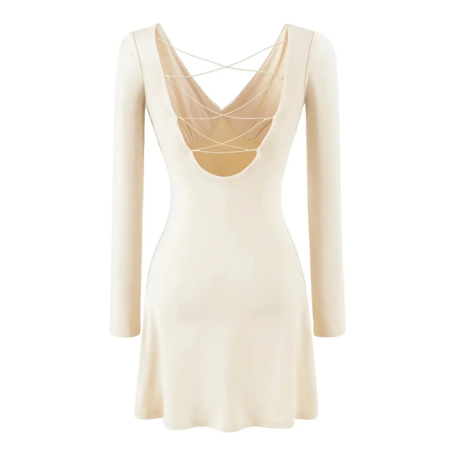 Beige long sleeve mini dress back view, crisscross lace up back, flared skirt