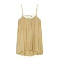 Front view beige loose cami mini dress, gathered neckline, adjustable spaghetti straps, crinkle textured fabric, flowy high‑low hem