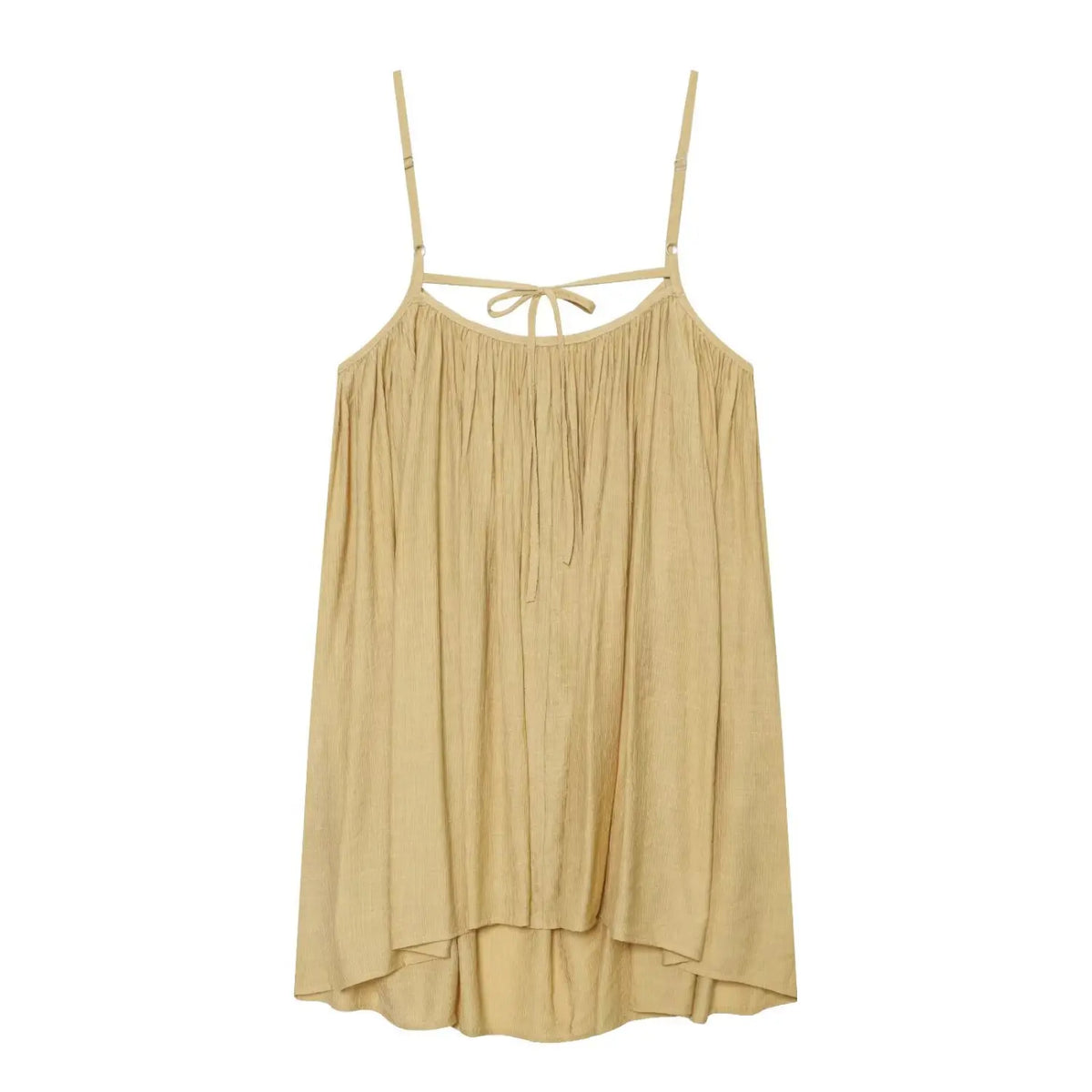 Front view beige loose cami mini dress, gathered neckline, adjustable spaghetti straps, crinkle textured fabric, flowy high‑low hem