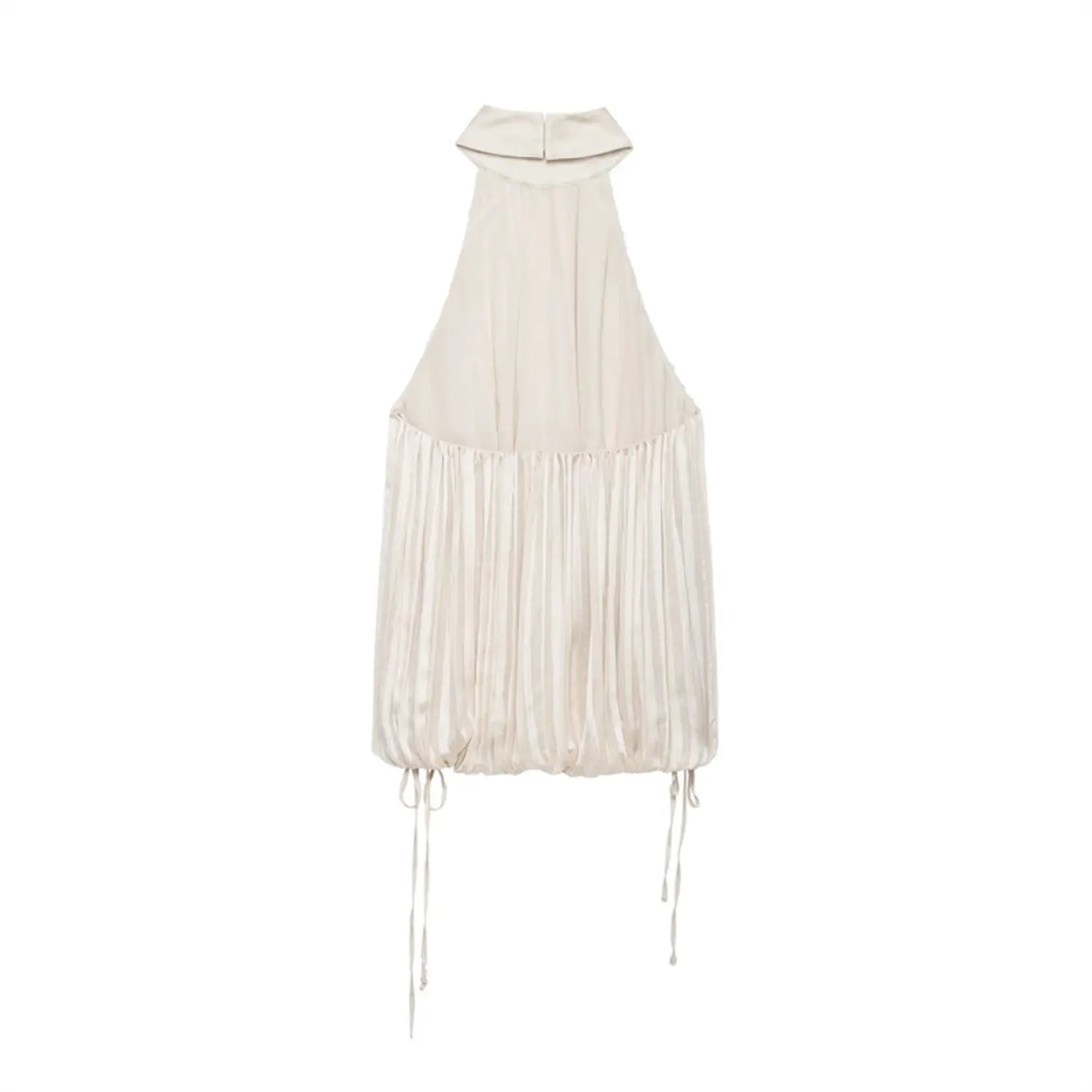 Complete back flat shot of cream pleated halter sleeveless cami, folded halter collar, back keyhole buttons, gathered pleated body, elastic bubble hem lining