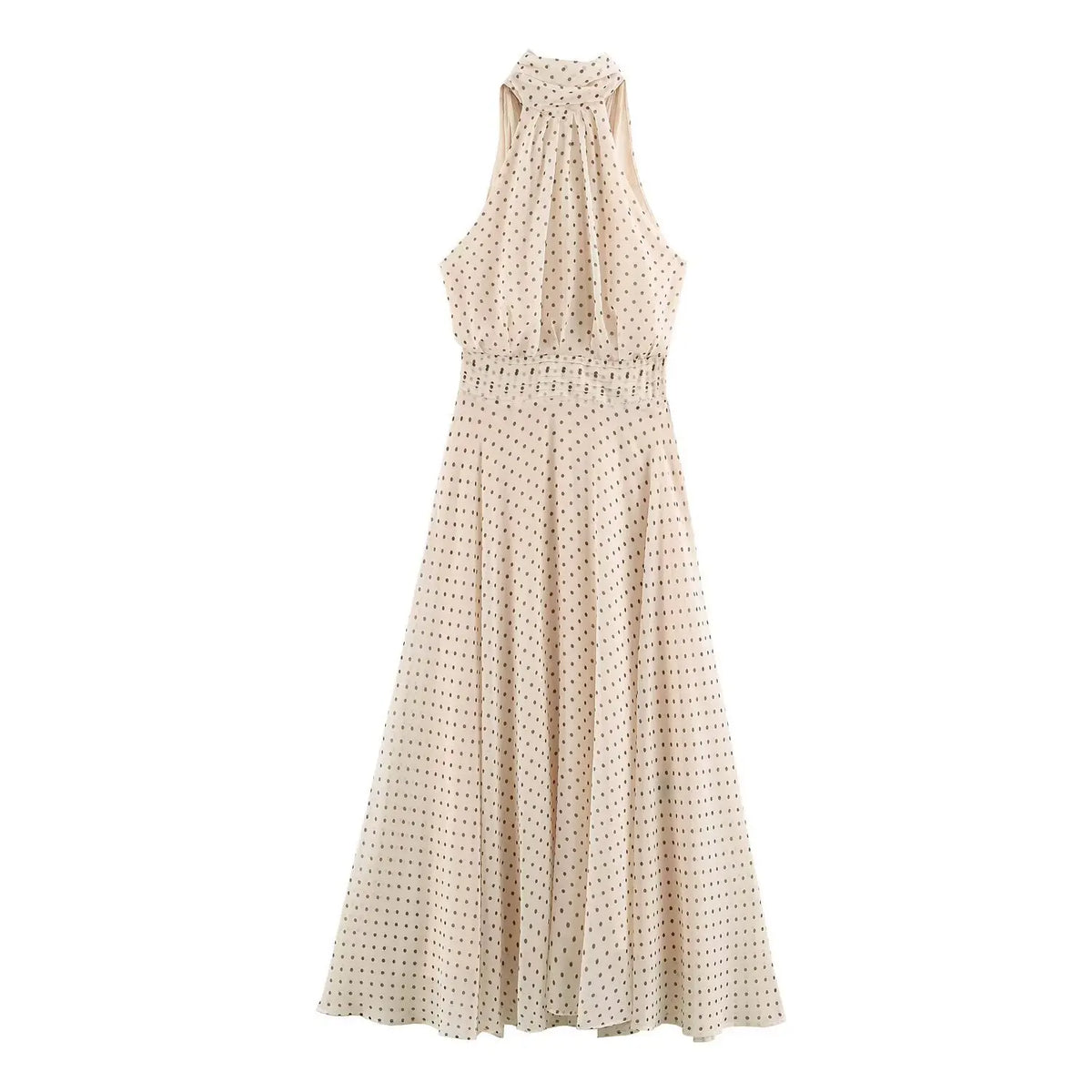 Front view beige polka dot halter maxi dress, sleeveless flowy long dress with smocked waist