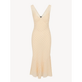 Flat‑lay front view beige sleeveless midi dress with white polka dot print, deep v‑neck and mermaid ruffle hem