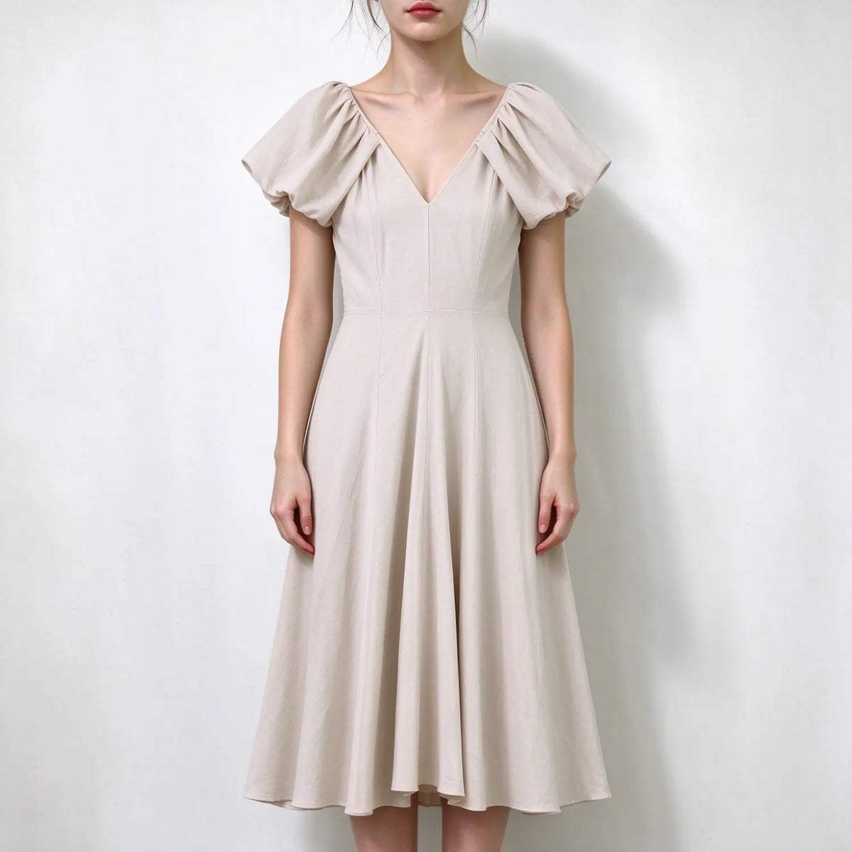 Model front view, beige v-neck maxidress, short bubble puff sleeves, fitted bodice, flared A-line linen blend maxi skirt