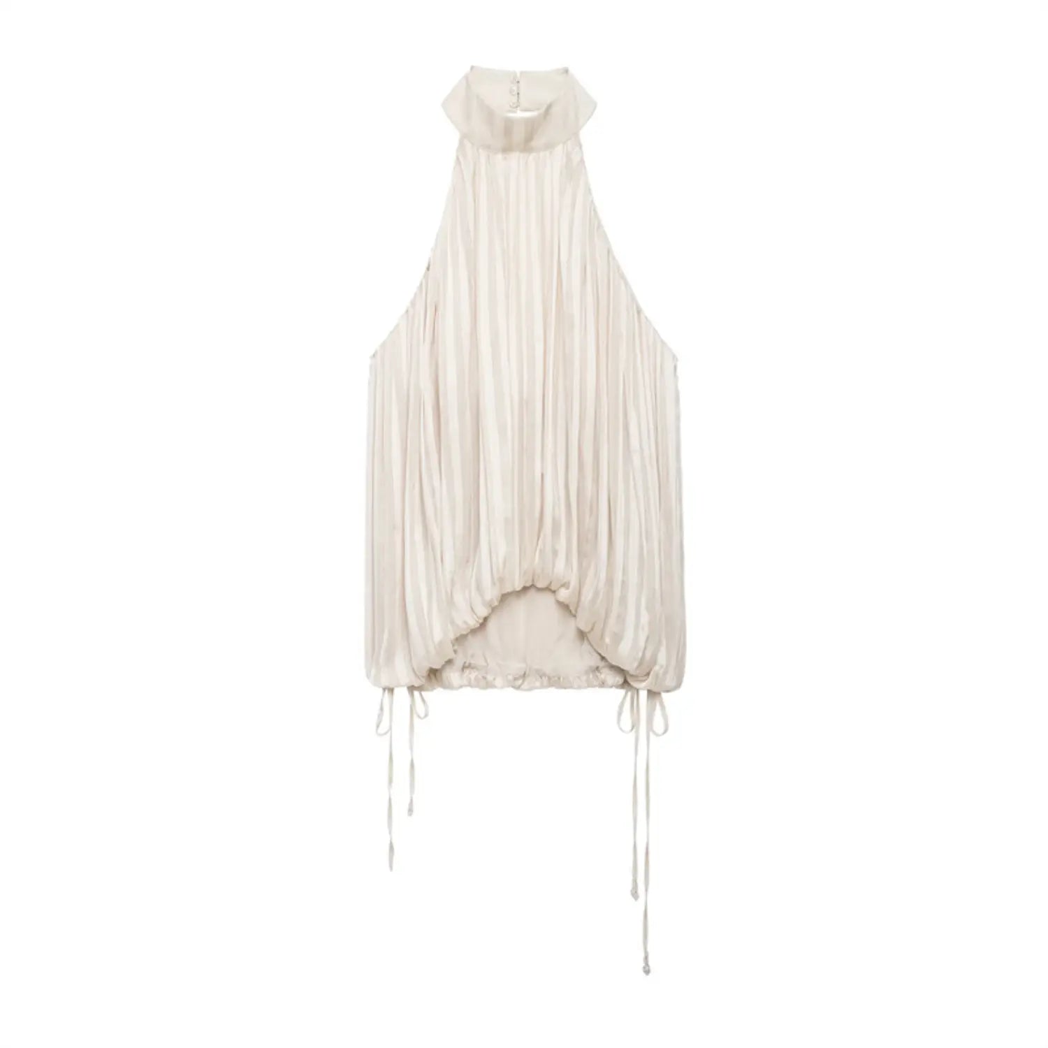 Studio white background full front shot of beige satin vertical pleated halter top, folded stand collar, back button closure, adjustable side drawstrings, bubble hem cropped silhouette