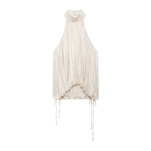 Studio white background full front shot of beige satin vertical pleated halter top, folded stand collar, back button closure, adjustable side drawstrings, bubble hem cropped silhouette