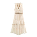 Front flat lay beige sleeveless v-neck ruffle tiered maxi dress with brown waist belt