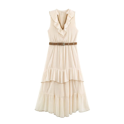 Front flat lay beige sleeveless v-neck ruffle tiered maxi dress with brown waist belt