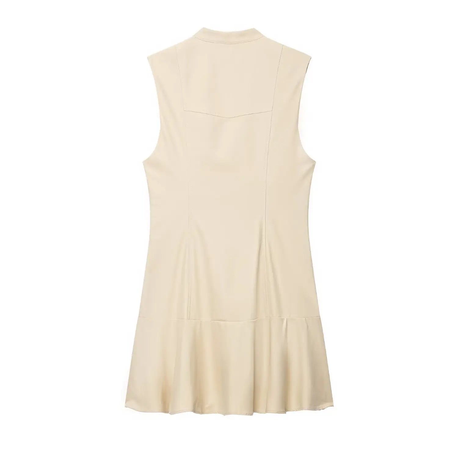 Full back view beige sleeveless trench mini dress, tailored seaming, flared ruffle hem, studio white background