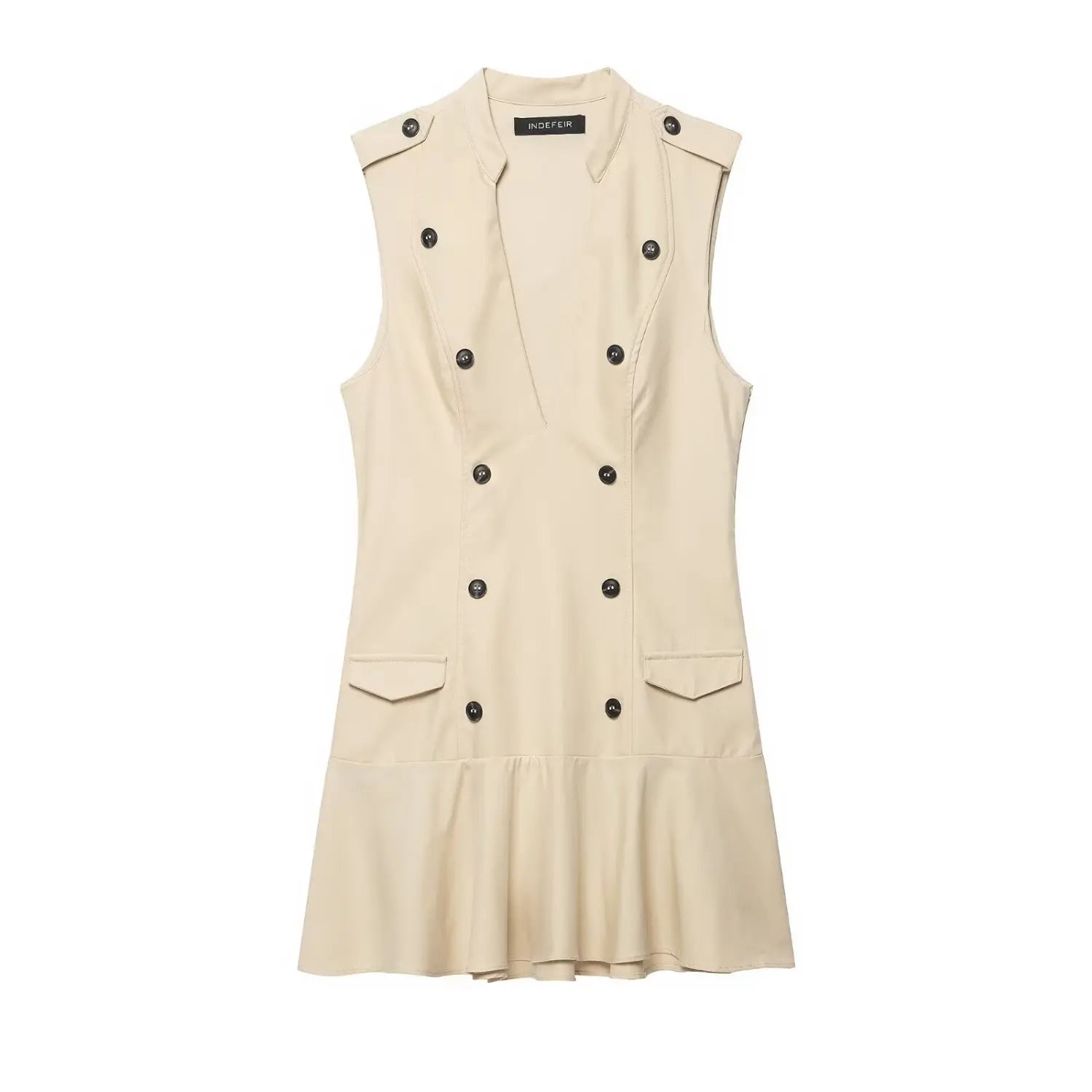 Beige sleeveless trench mini dress front view, epaulet details, double‑breasted buttons, side patch pockets, ruffle hem